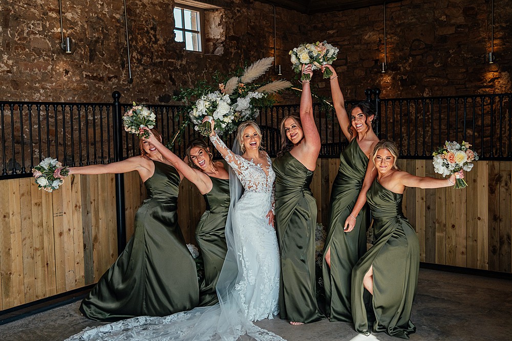 Green Satin Bridesmaid Dresses St Andrews Barn Wedding Joy Story Photography