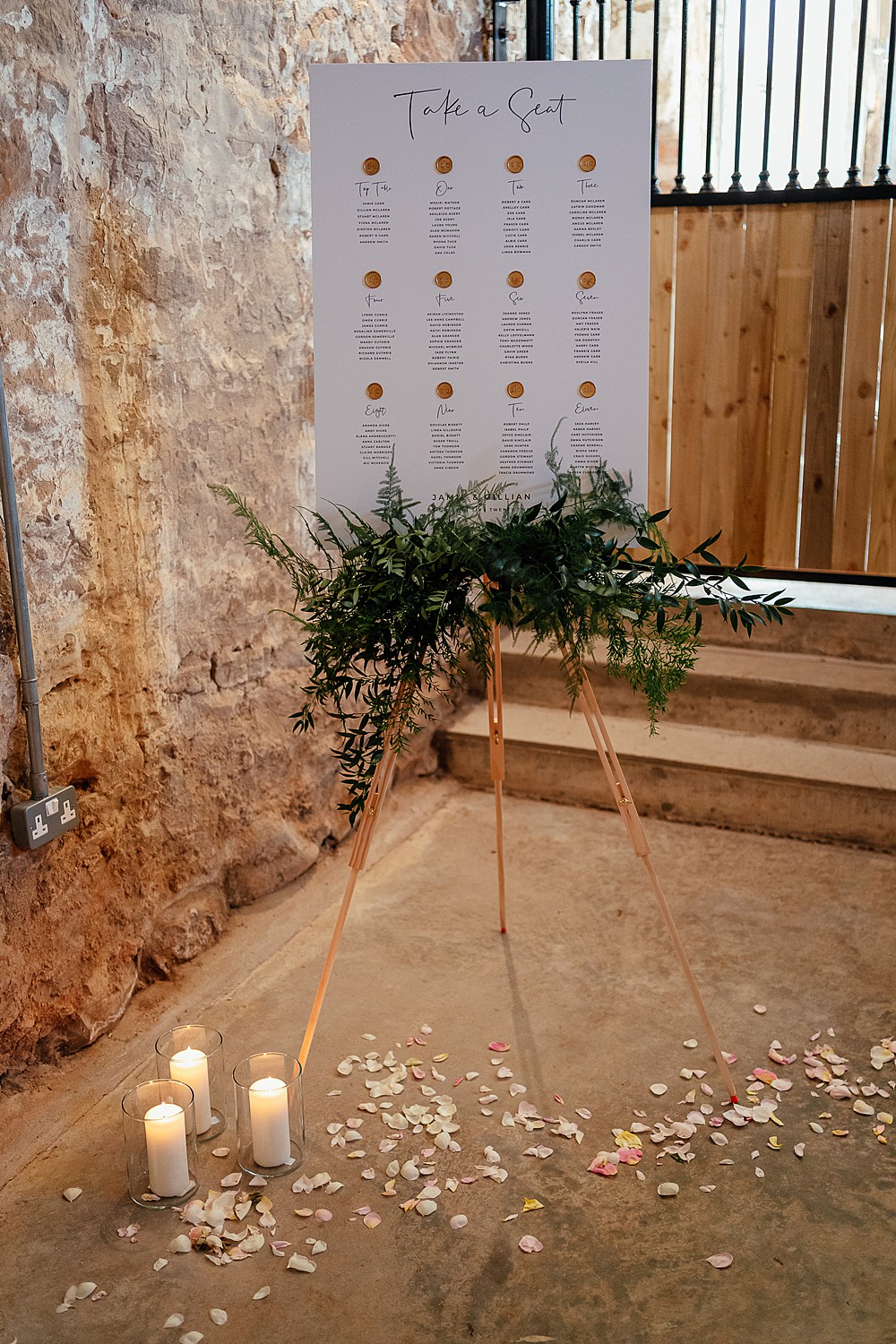 Table Plan Easel Wax Seal Candles Greenery St Andrews Barn Wedding Joy Story Photography