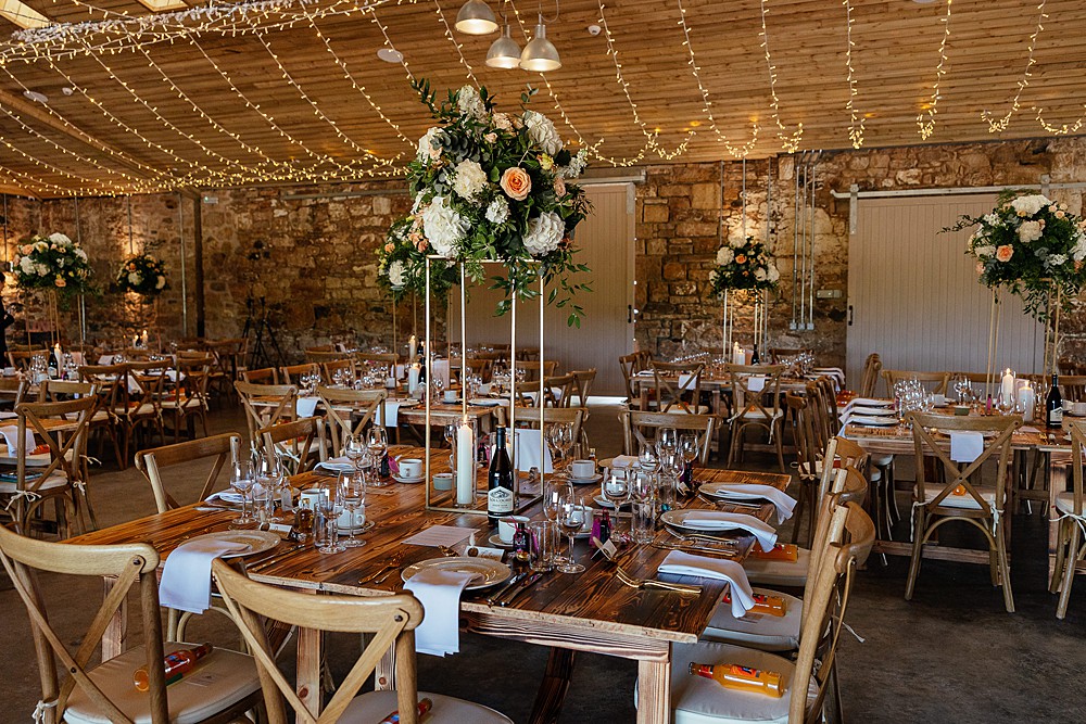 Centrepiece Flowers Tall White Green St Andrews Barn Wedding Joy Story Photography