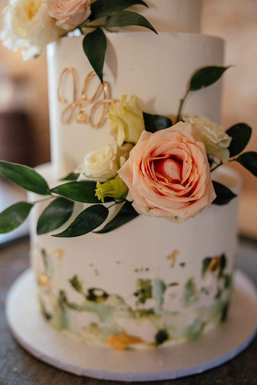 Cake Flowers Gold Leaf Green Peach St Andrews Barn Wedding Joy Story Photography