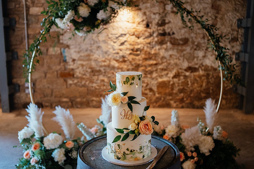 Cake Flowers Gold Leaf Green Peach St Andrews Barn Wedding Joy Story Photography