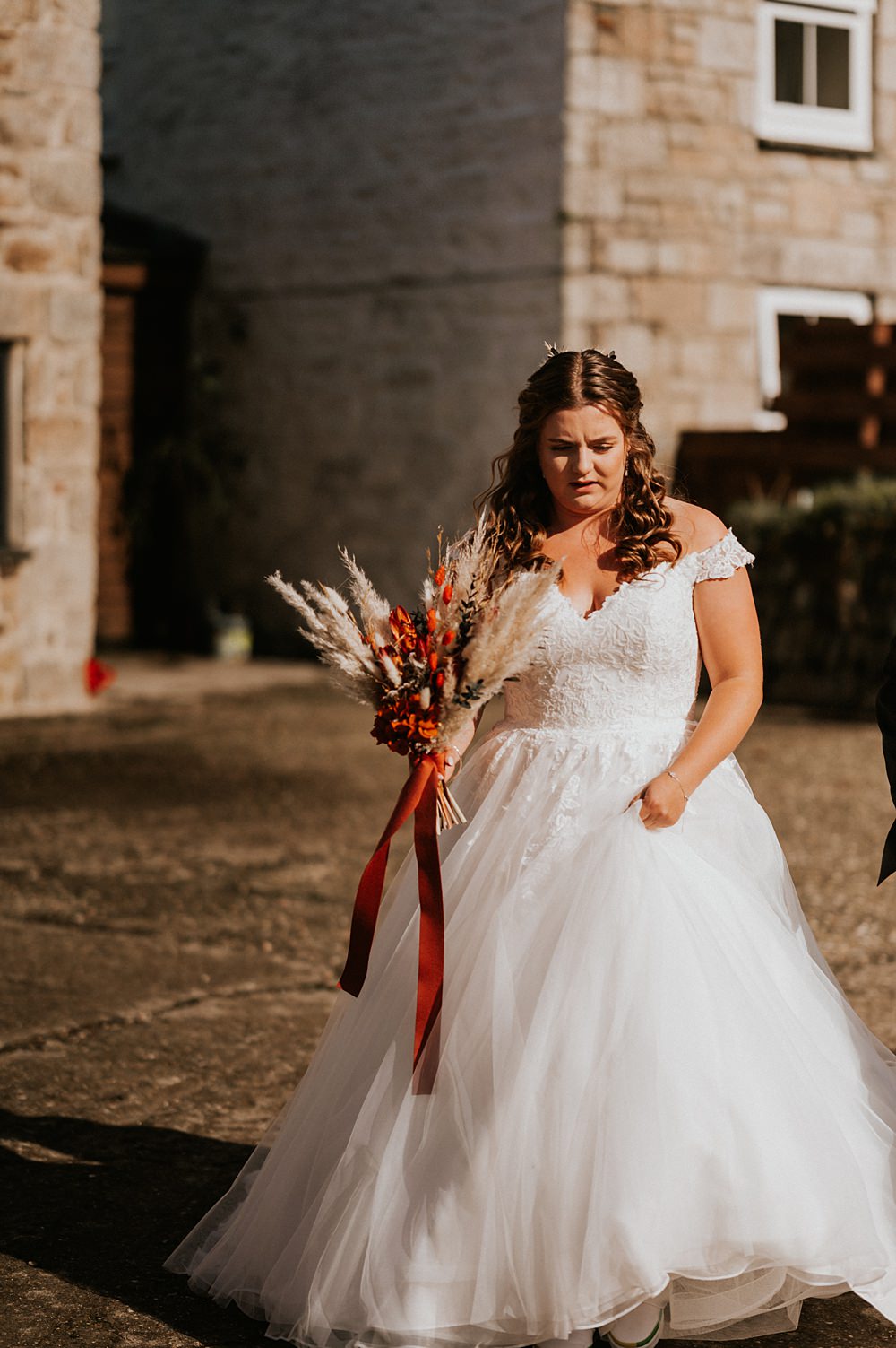 Wed2B Lace Dress Gown Off Shoulder Bride Stennack Farm Wedding Hannah Barnes Photography