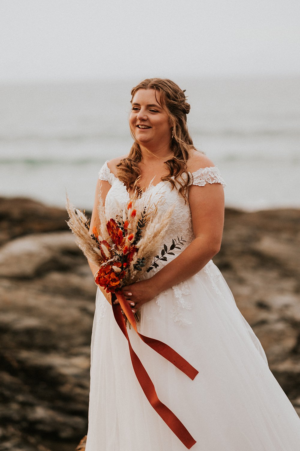 Wed2B Lace Dress Gown Off Shoulder Bride Dried Flower Bouquet Stennack Farm Wedding Hannah Barnes Photography
