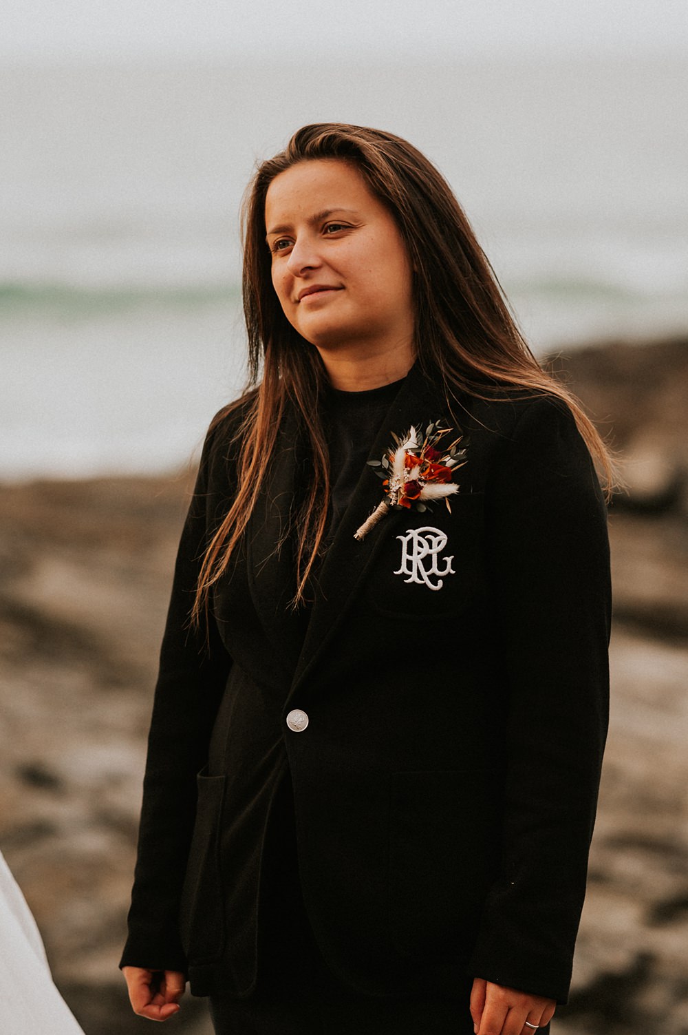Bride T Shirt Black Blazer Trousers Suit Buttonhole Stennack Farm Wedding Hannah Barnes Photography