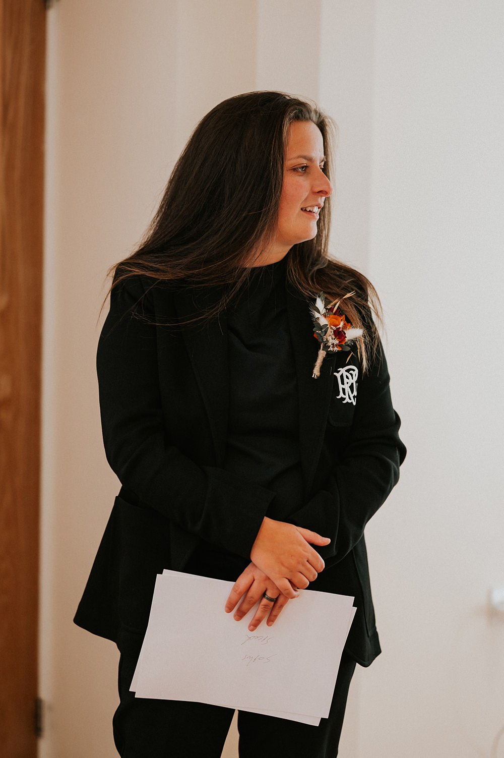 Bride T Shirt Black Blazer Trousers Suit Stennack Farm Wedding Hannah Barnes Photography