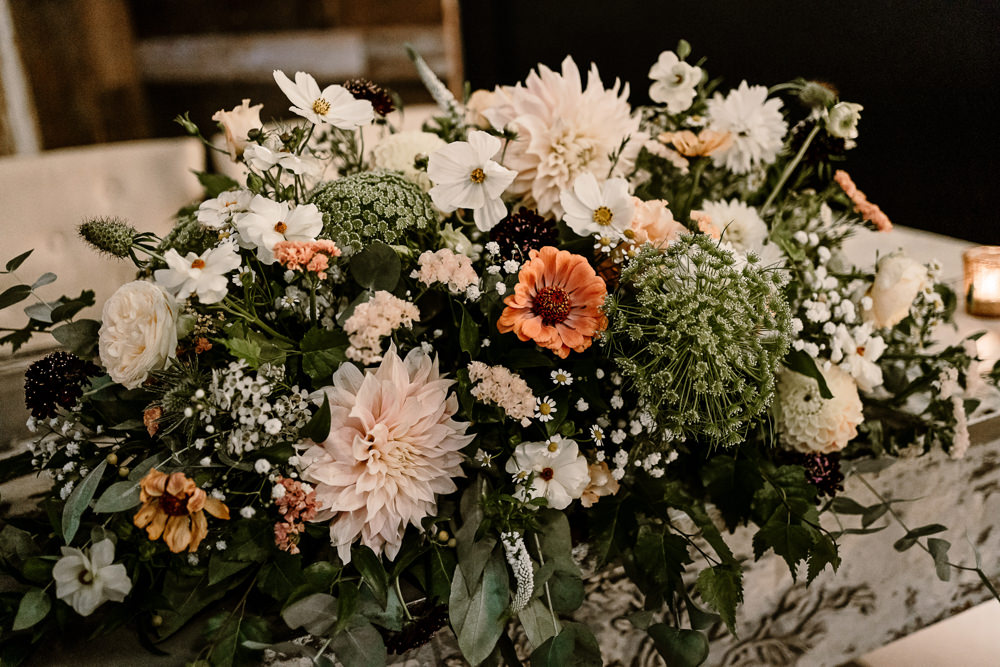 Flowers Dahlia Cream Orange Stylish Yorkshire Barn Wedding Hayley Baxter Photography