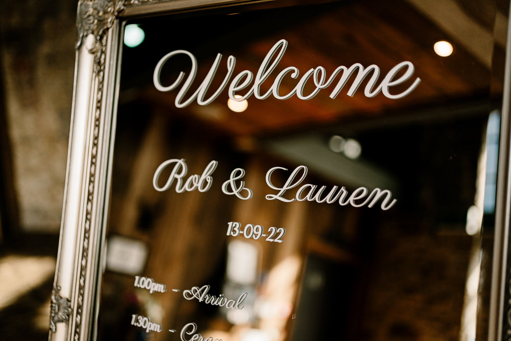 Welcome Mirror Sign Stylish Yorkshire Barn Wedding Hayley Baxter Photography