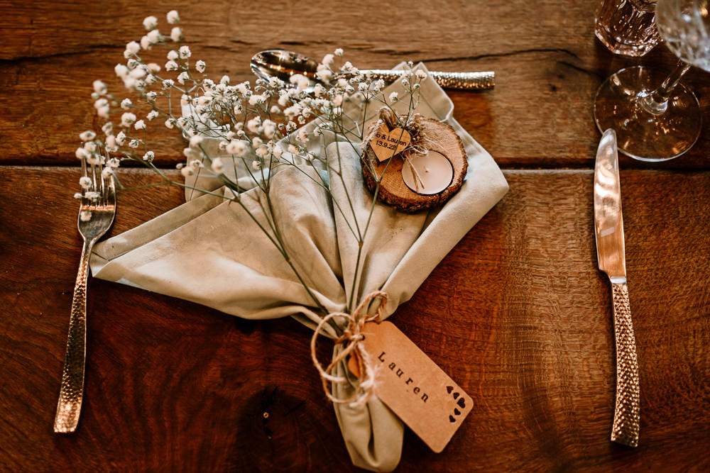 Gypsophila Luggage Tag Place Name Napkin Flowers Stylish Yorkshire Barn Wedding Hayley Baxter Photography