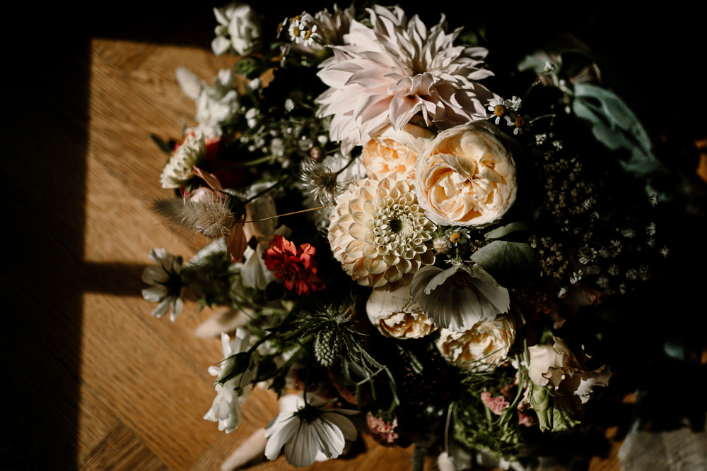 Bouquet Flowers Bridal Dahlia Cream Orange Stylish Yorkshire Barn Wedding Hayley Baxter Photography
