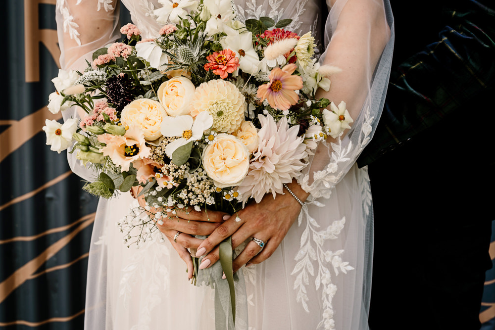 Bouquet Flowers Bridal Dahlia Cream Orange Stylish Yorkshire Barn Stylish Yorkshire Barn Wedding Hayley Baxter Photography