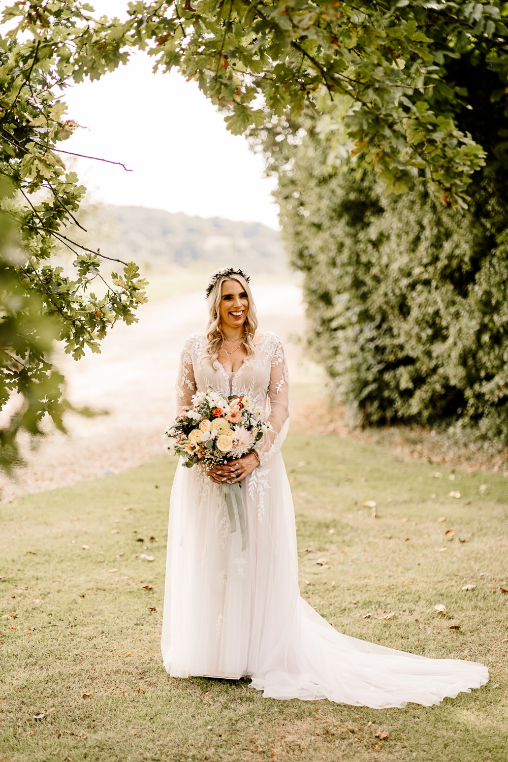 Madi Lane Bridal Gown Lace Tulle Sleeves Stylish Yorkshire Barn Wedding Hayley Baxter Photography