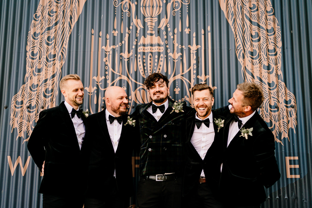 Bow Tie Groom Suit Groomsmen Stylish Yorkshire Barn Wedding Hayley Baxter Photography