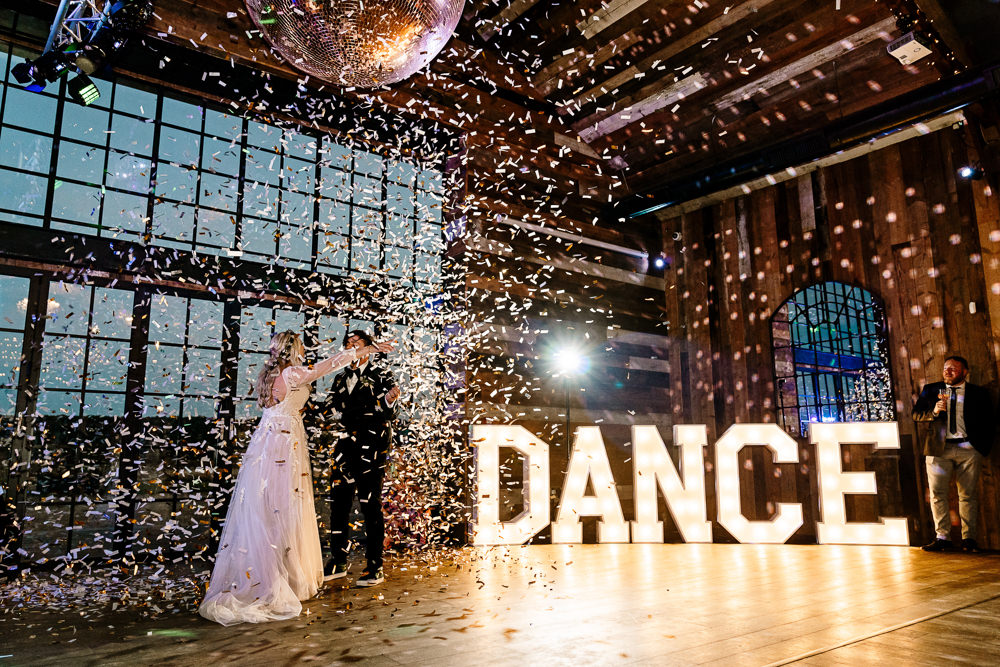 Dance Floor Confetti Letter Lights Stylish Yorkshire Barn Wedding Hayley Baxter Photography