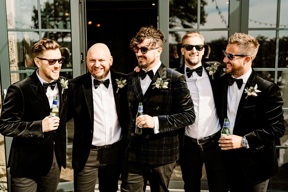Bow Tie Groom Suit Groomsmen Stylish Yorkshire Barn Wedding Hayley Baxter Photography