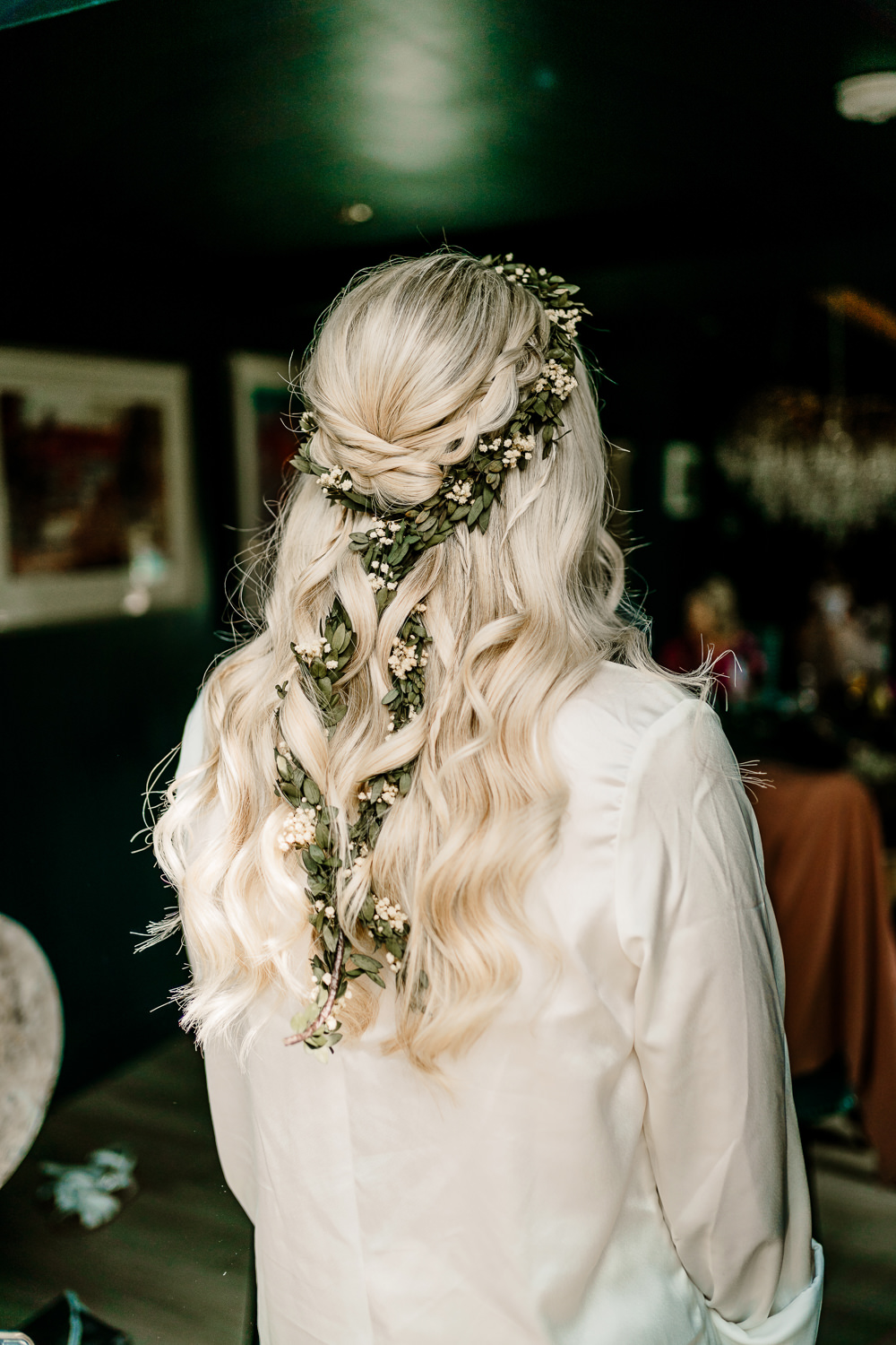 Bride Hairstyle Half Up Down Vine Greenery Stylish Yorkshire Barn Wedding Hayley Baxter Photography