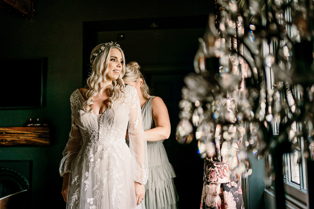 Madi Lane Bridal Gown Lace Tulle Sleeves Stylish Yorkshire Barn Wedding Hayley Baxter Photography
