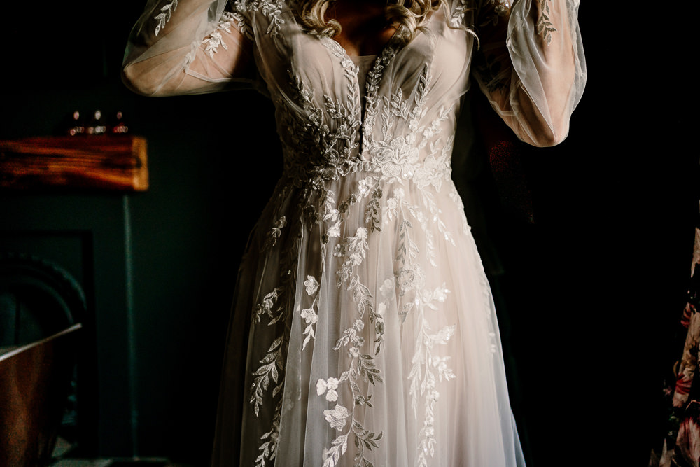 Madi Lane Bridal Gown Lace Tulle Sleeves Stylish Yorkshire Barn Wedding Hayley Baxter Photography