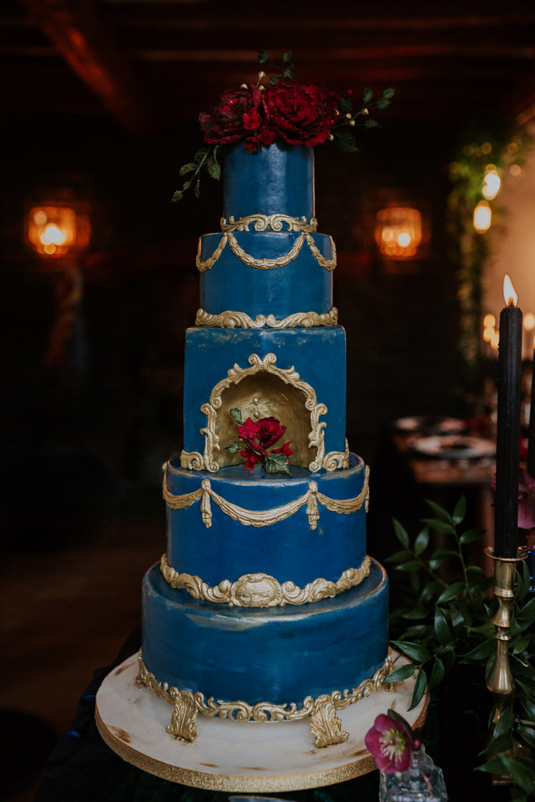 Vintage Wedding Cake Baroque Blue Gold Kate Gray Photography