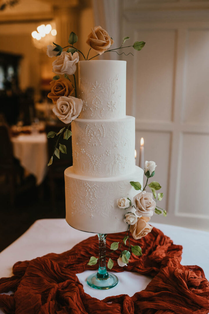 Vintage Wedding Cake White Icing Detail Autumn Flowers Grace Dove Photography