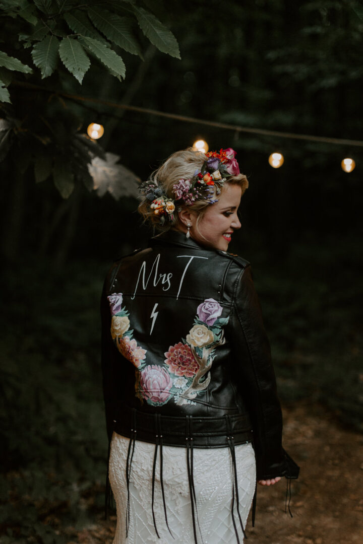 Wedding Bridal Leather Jacket Lightning Flowers Grace Mitch Photo Film