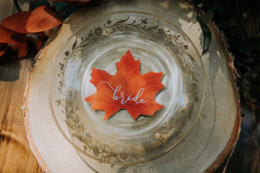 Wedding Place Name Card Idea Calligraphy Leaf Charly Mae Photography