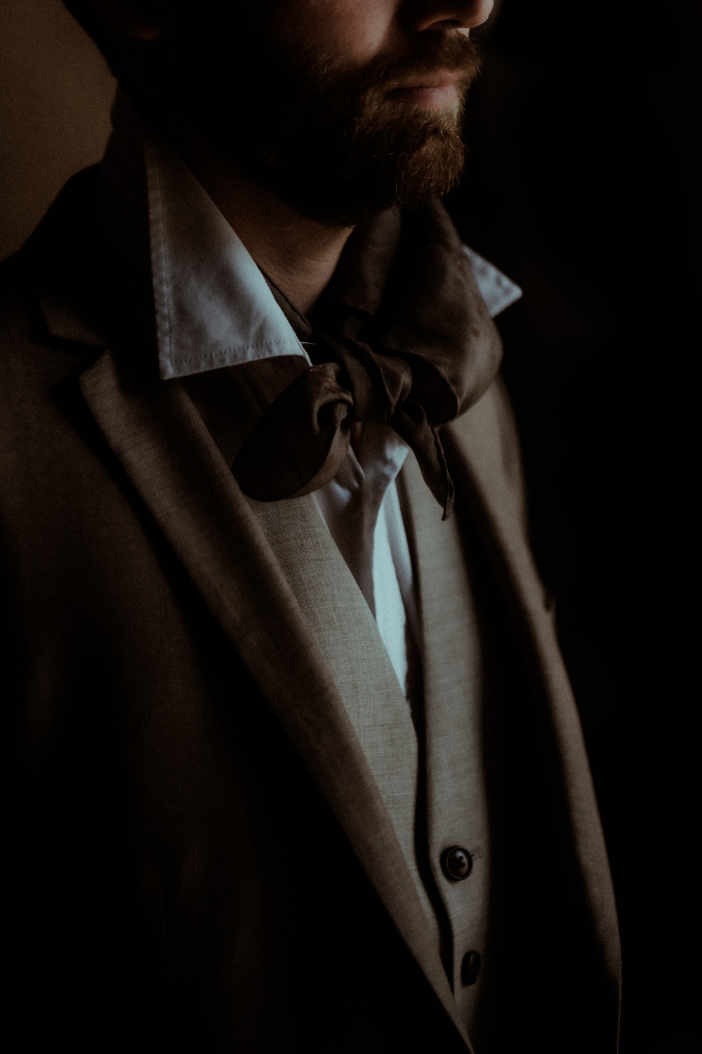 Groom Brown Suit Ribbon Bow Tie Chateau de Poudenas Wedding Gaetane Glize