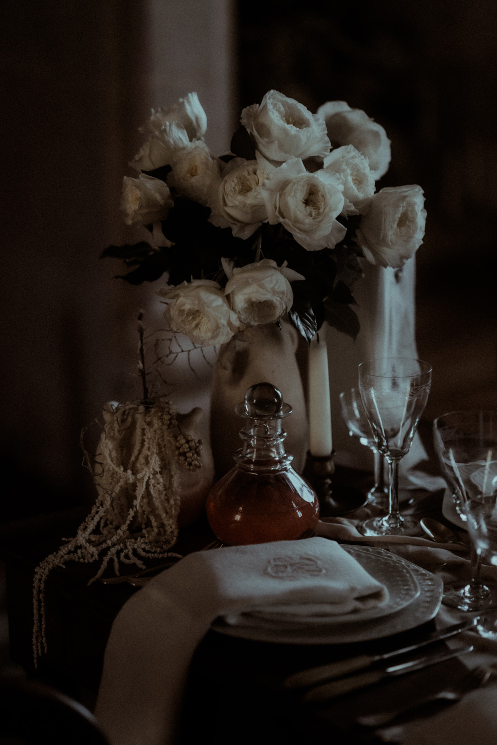 White Rose Flower Centrepiece Chateau de Poudenas Wedding Gaetane Glize