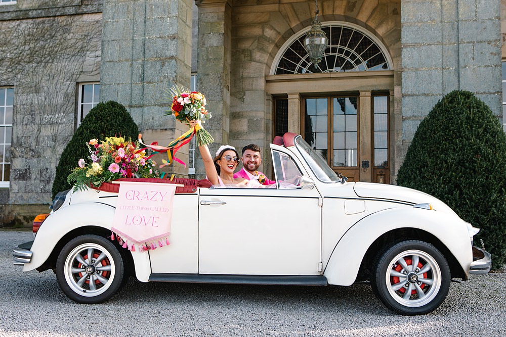 Beetle Car Transport Flowers Colour Clash Wedding Ideas Victoria Sponge Photography