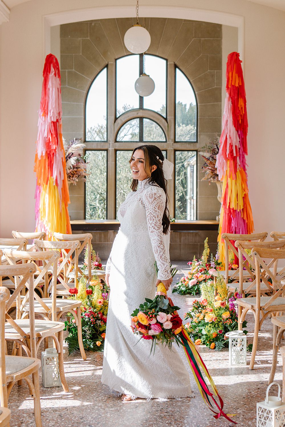 Lace Long Sleeve Dress Bride Colour Clash Wedding Ideas Victoria Sponge Photography