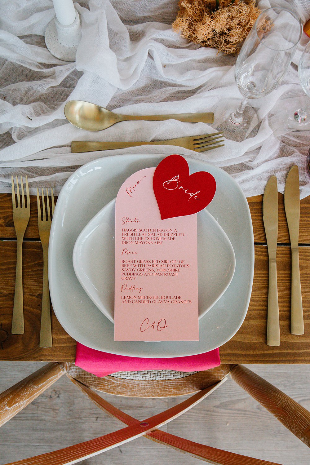 Place Setting Name Heart Menu Pink Red Colour Clash Wedding Ideas Victoria Sponge Photography