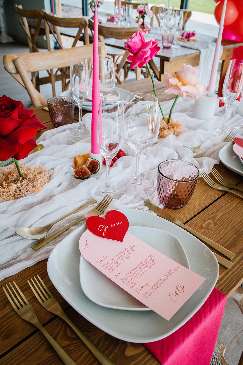 Place Setting Name Heart Menu Pink Red Decor Colour Clash Wedding Ideas Victoria Sponge Photography