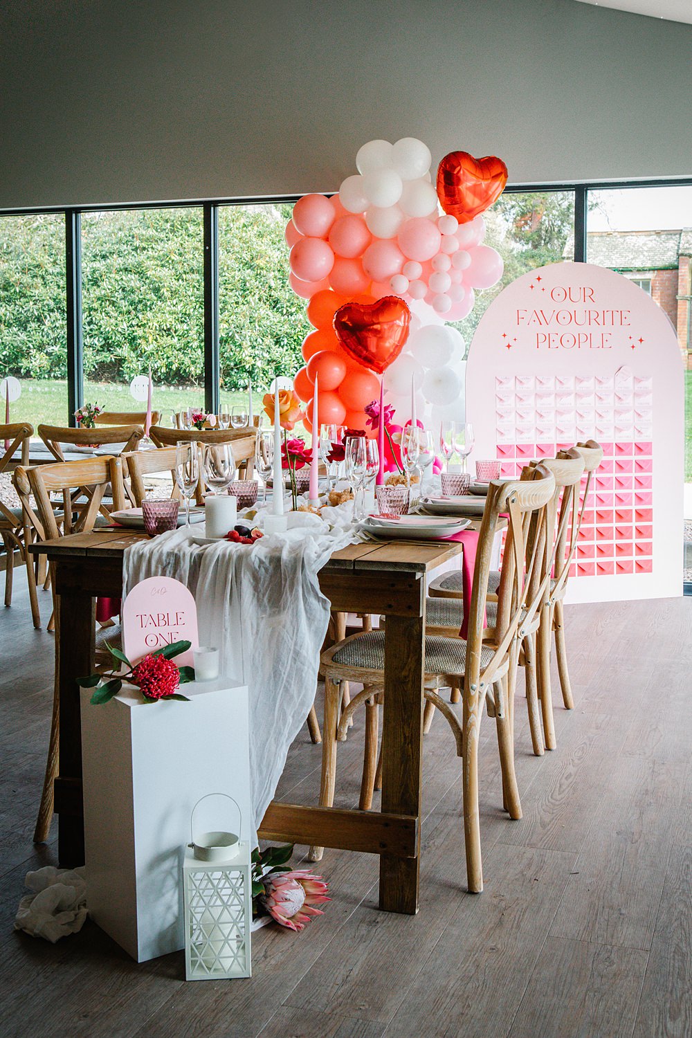 Pink Red Table Decor Heart Balloons White Runner Candles Flowers Colour Clash Wedding Ideas Victoria Sponge Photography