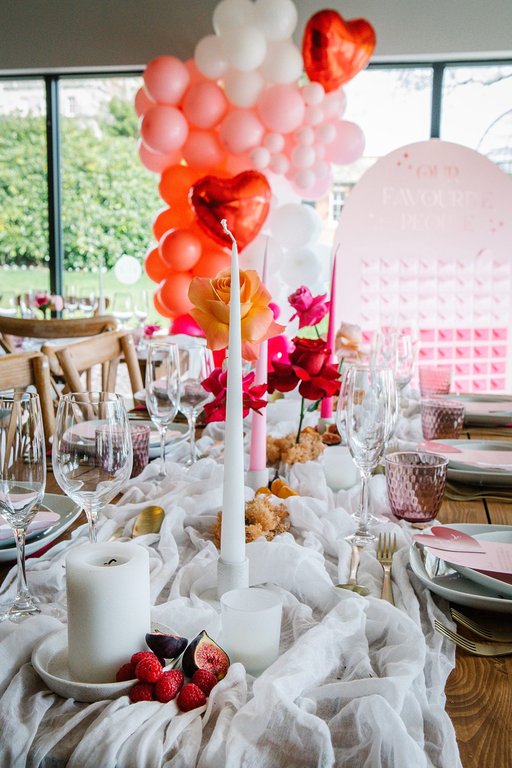 Pink Red Table Decor Heart Balloons White Runner Candles Flowers Colour Clash Wedding Ideas Victoria Sponge Photography