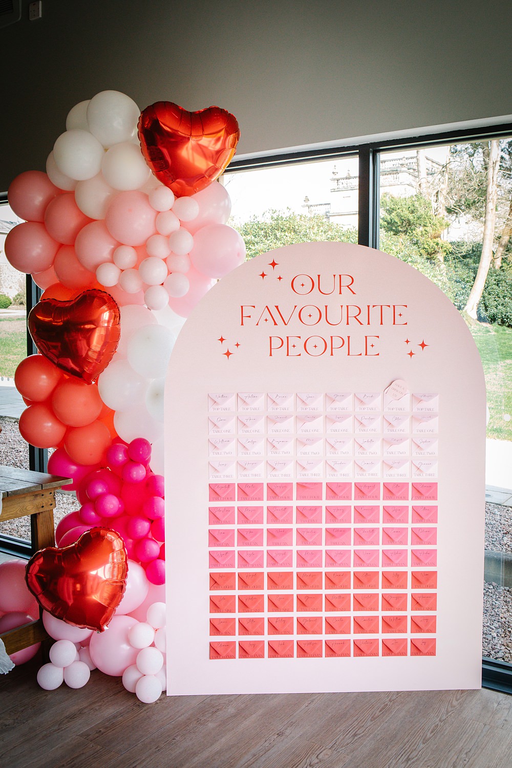 Table Plan Envelopes Pink Red Curve Balloons Colour Clash Wedding Ideas Victoria Sponge Photography