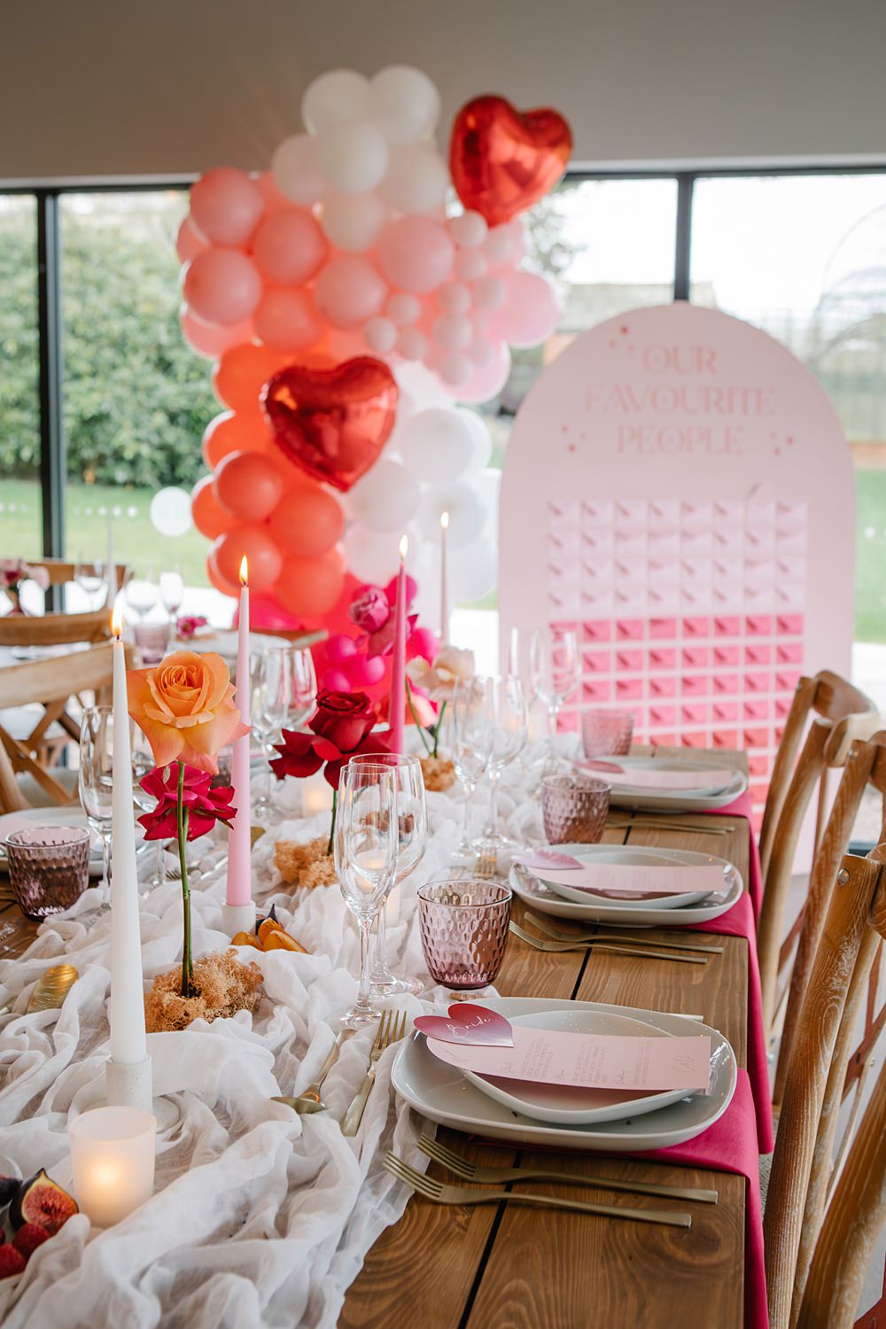 Pink Red Table Decor Heart Balloons White Runner Candles Flowers Colour Clash Wedding Ideas Victoria Sponge Photography