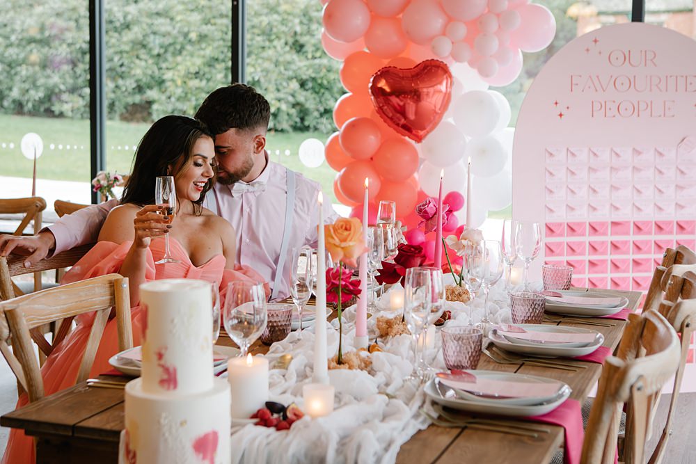 Pink Red Table Decor Heart Balloons White Runner Candles Flowers Colour Clash Wedding Ideas Victoria Sponge Photography