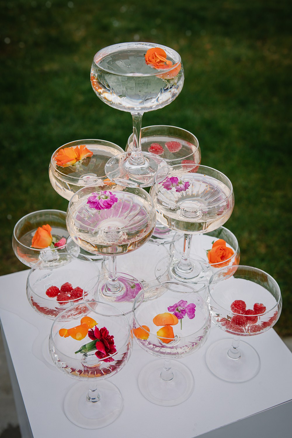 Cocktails Champagne Tower Flowers Colour Clash Wedding Ideas Victoria Sponge Photography