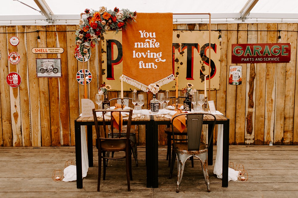 Orange Table Decor Banner Sign Boho Retro 70s Daisy Jones Six Wedding Ideas Caroline Opacic Photography