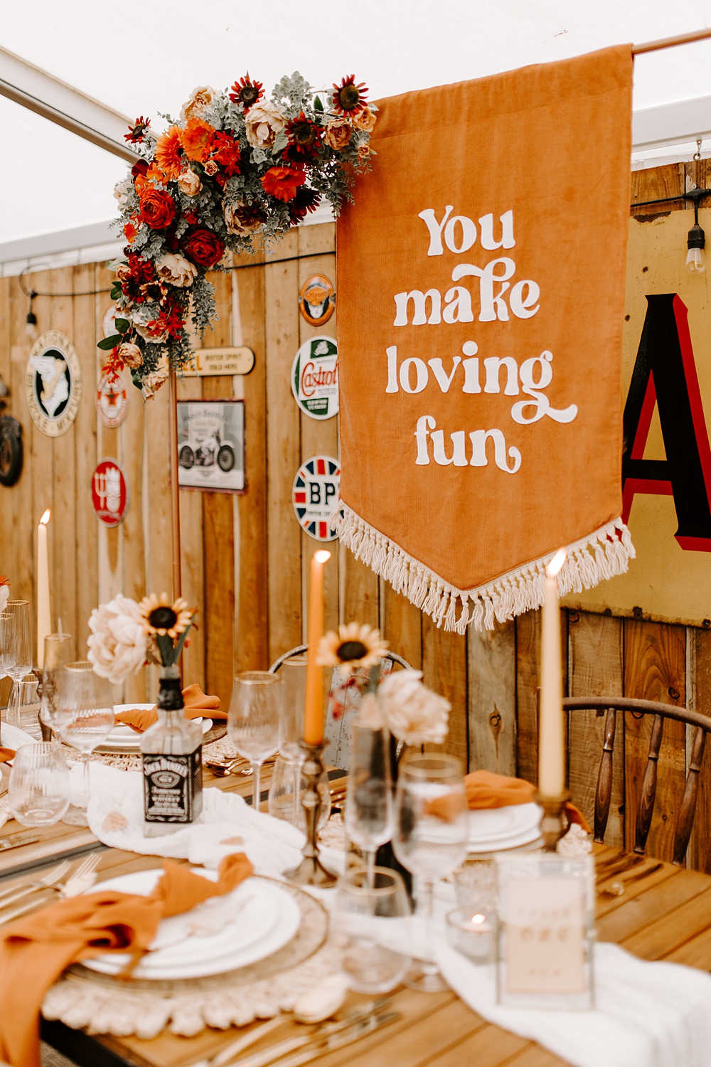 Orange Table Decor Banner Sign Boho Retro 70s Daisy Jones Six Wedding Ideas Caroline Opacic Photography