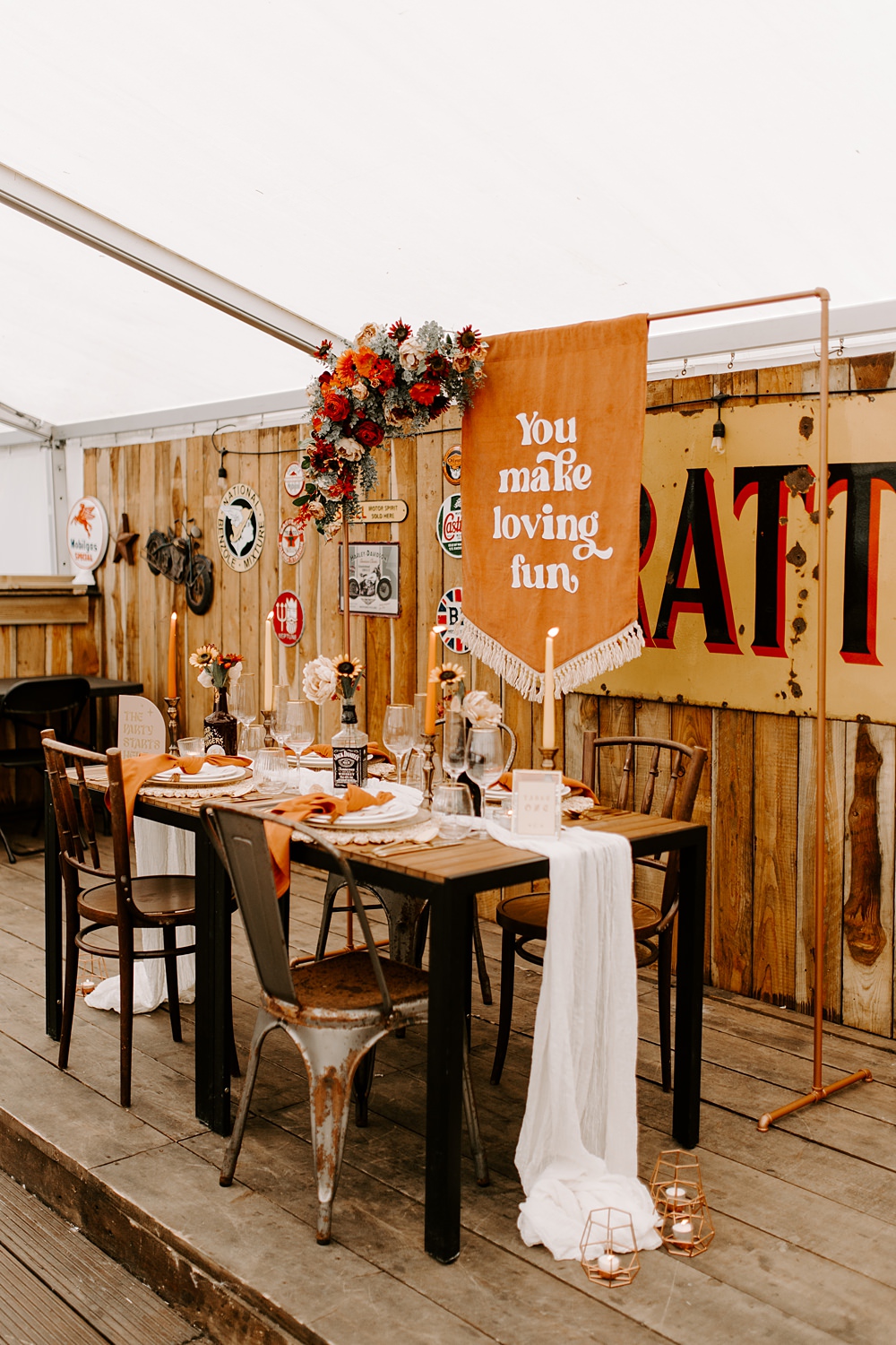 Orange Table Decor Banner Sign Boho Retro 70s Daisy Jones Six Wedding Ideas Caroline Opacic Photography