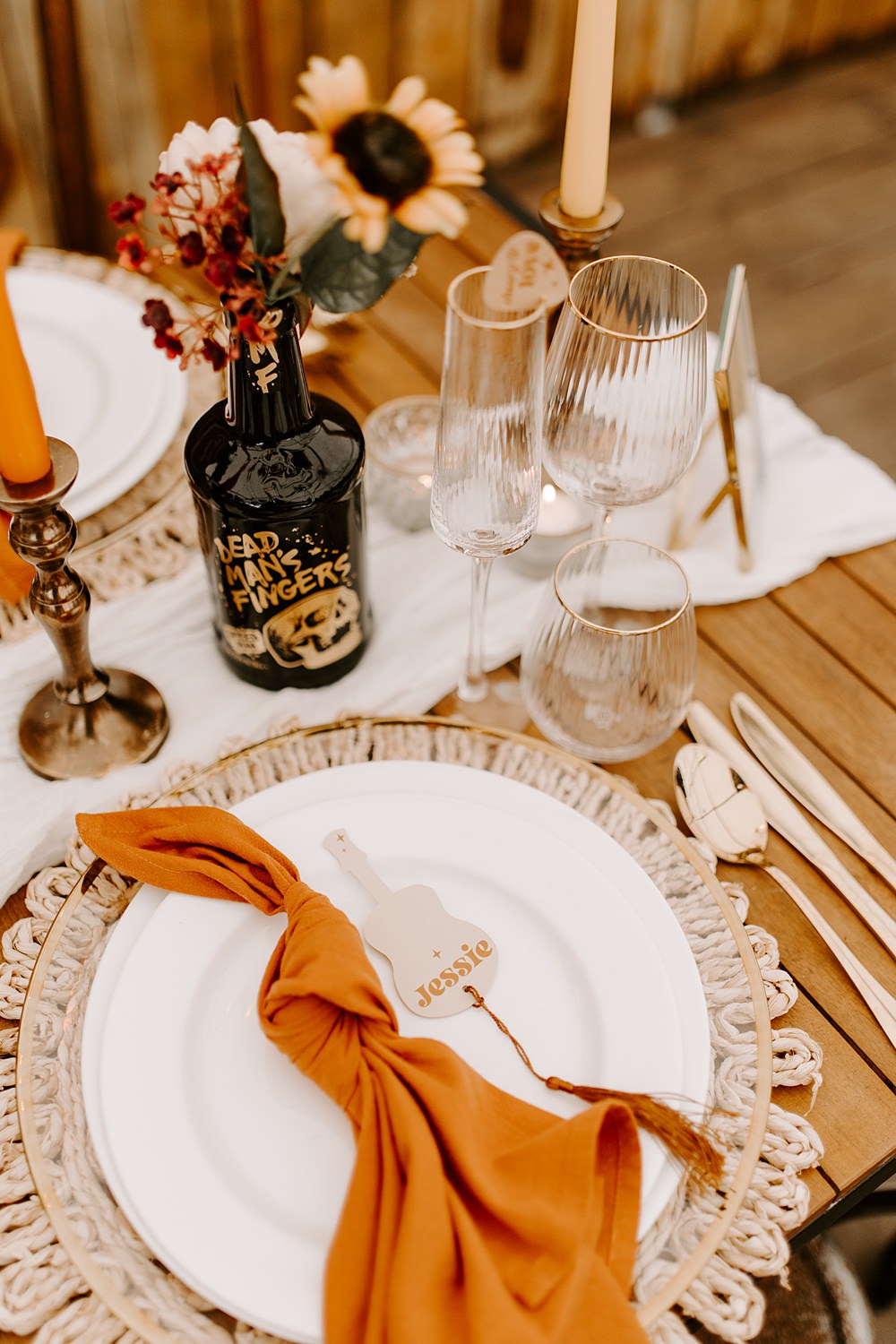 Place Setting Orange Napkin Decor Daisy Jones Six Wedding Ideas Caroline Opacic Photography