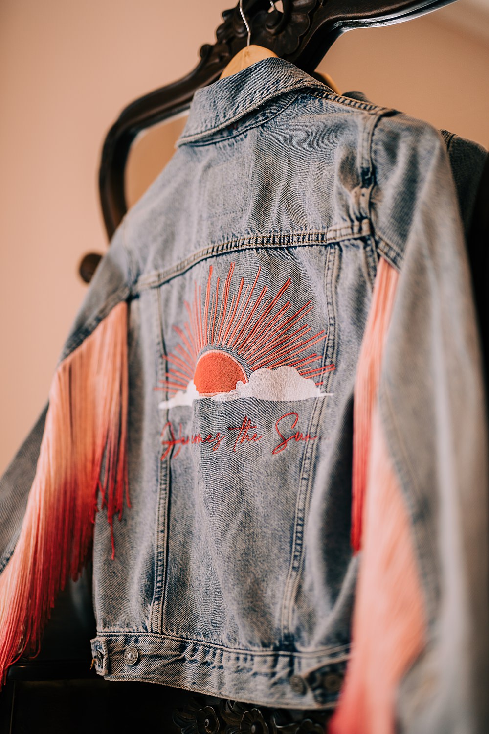 Delamere Events Wedding Clare Robinson Photography Bride Denim Jacket Tassel Embroidery