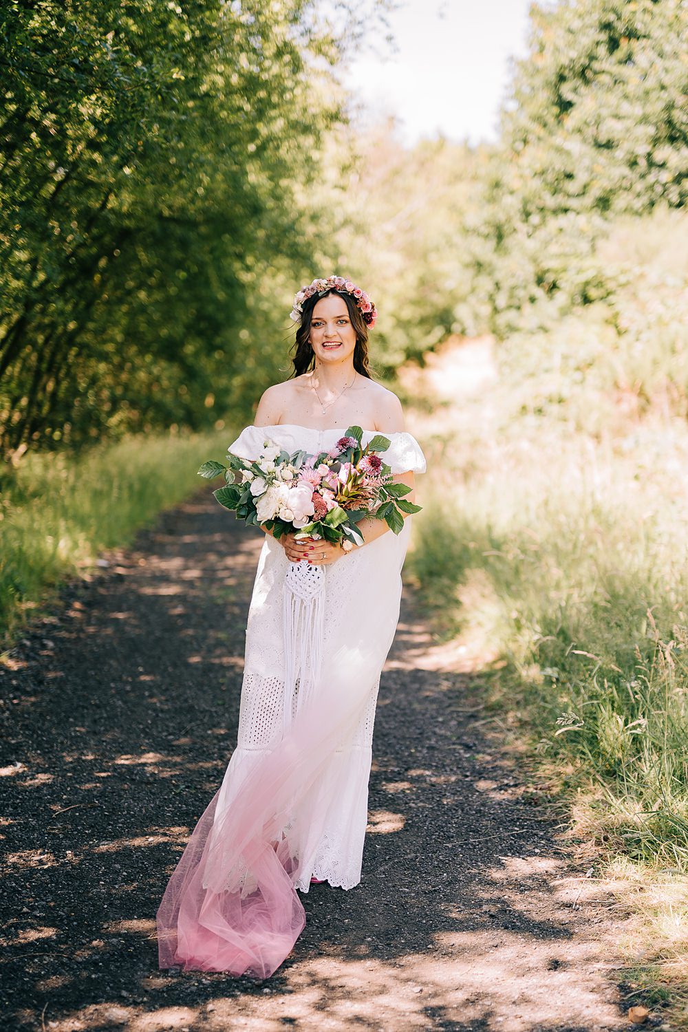 Off Shoulder Summer Dress Pink Veil Bride Delamere Events Wedding Clare Robinson Photography