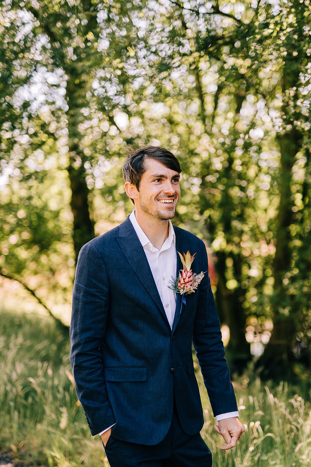 Groom Navy Suit Open Collar Delamere Events Wedding Clare Robinson Photography