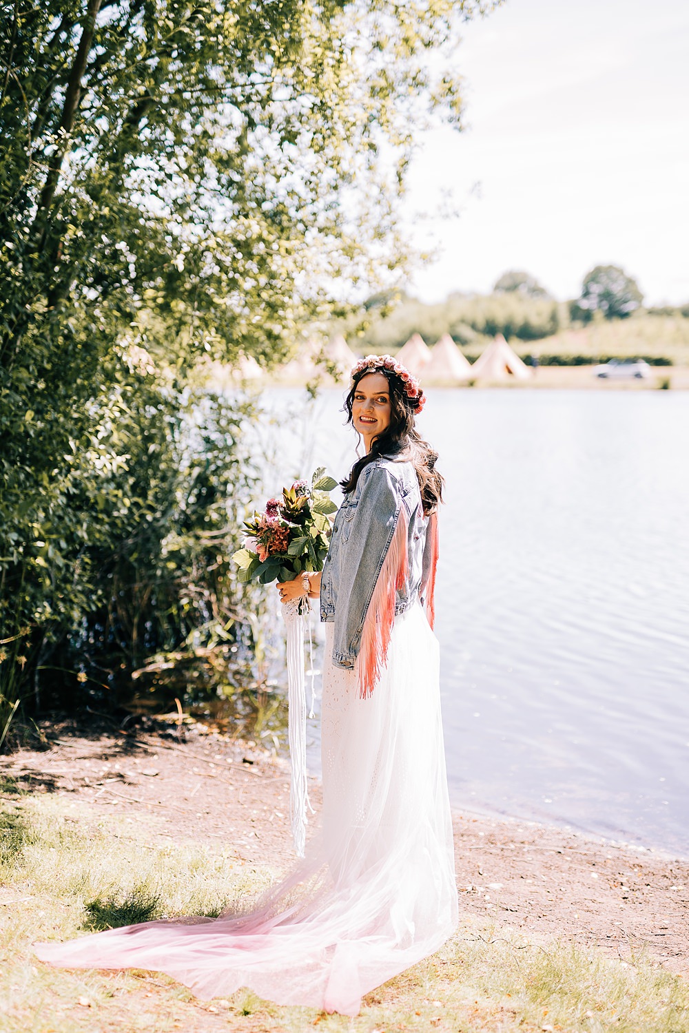 Off Shoulder Summer Dress Pink Veil Bride Denim Jacket Delamere Events Wedding Clare Robinson Photography