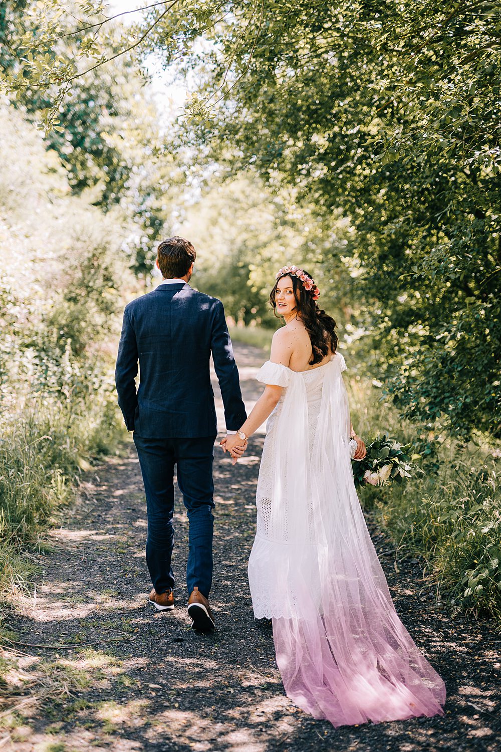 Off Shoulder Summer Dress Pink Veil Bride Delamere Events Wedding Clare Robinson Photography