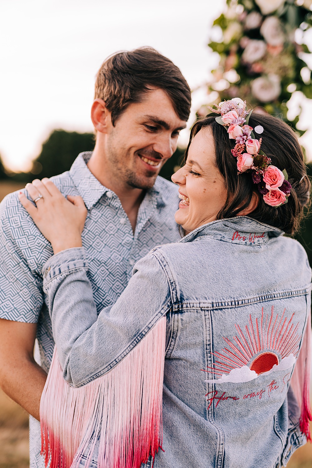 Delamere Events Wedding Clare Robinson Photography Bride Denim Jacket Tassel Embroidery