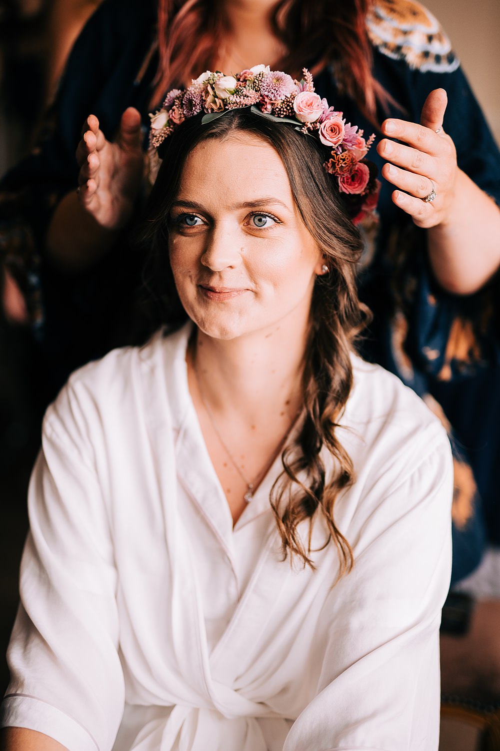 Bride Flower Crown Wavy Hair Delamere Events Wedding Clare Robinson Photography