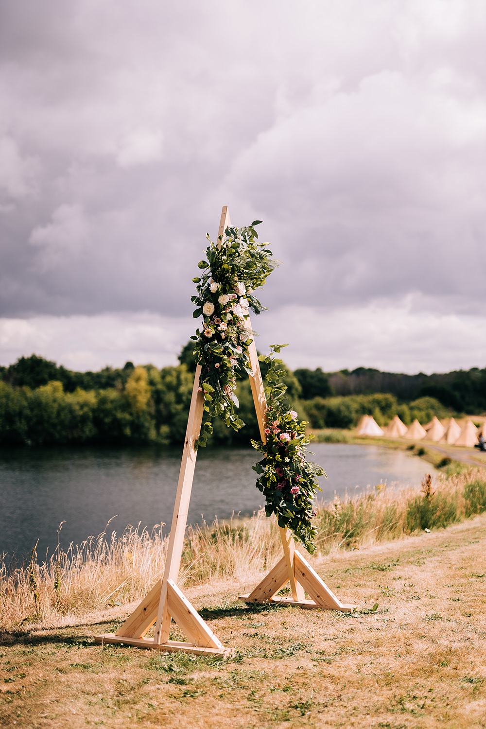 Triangle Wooden Flower Arch Greenery Ceremony Backdrop Delamere Events Wedding Clare Robinson Photography