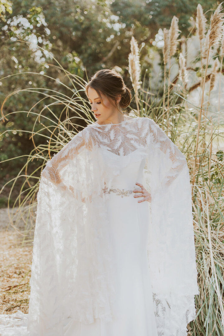 Feather Cape Veil Bride Wedding Jacket Samantha Davis Photography